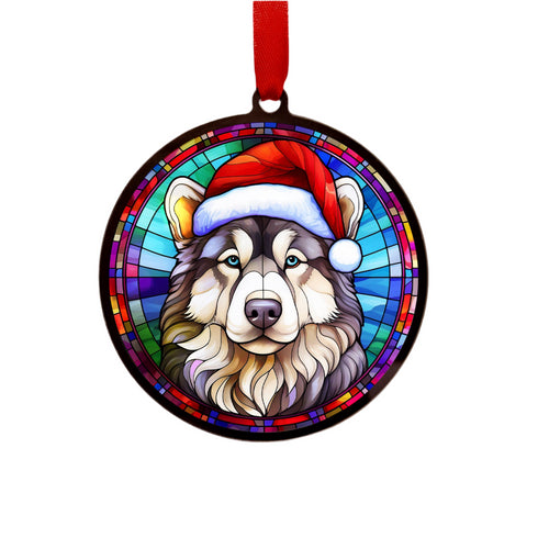 Alaskan Malamute in Santa Hat Suncatcher Decoration